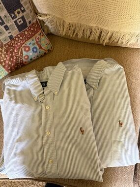 Two Ralph Lauren Blue and White Striped Button-Down Shirts with Pony Logo